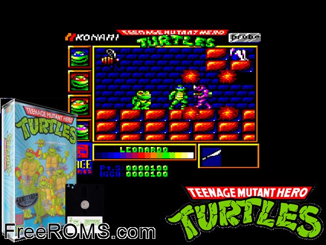 Teenage Mutant Hero Turtles (UK) (1990) [h1] Amstrad CPC game showing 3D box cover and gameplay screenshot